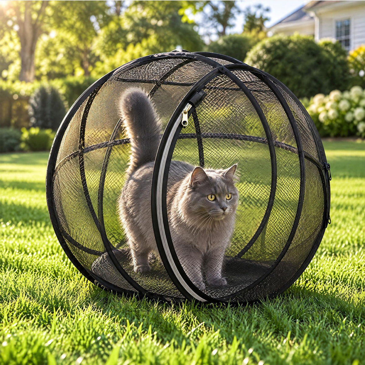 Outdoor Cat Enclosure, Giant Cat Hamster Ball for Outside, Mesh Ball Cat Cage, 360 Panoramic Rolling Cat Playpen, Foldable Breathable Mesh Pet Playpen with Zipper, Cat Outdoor Ball Cage