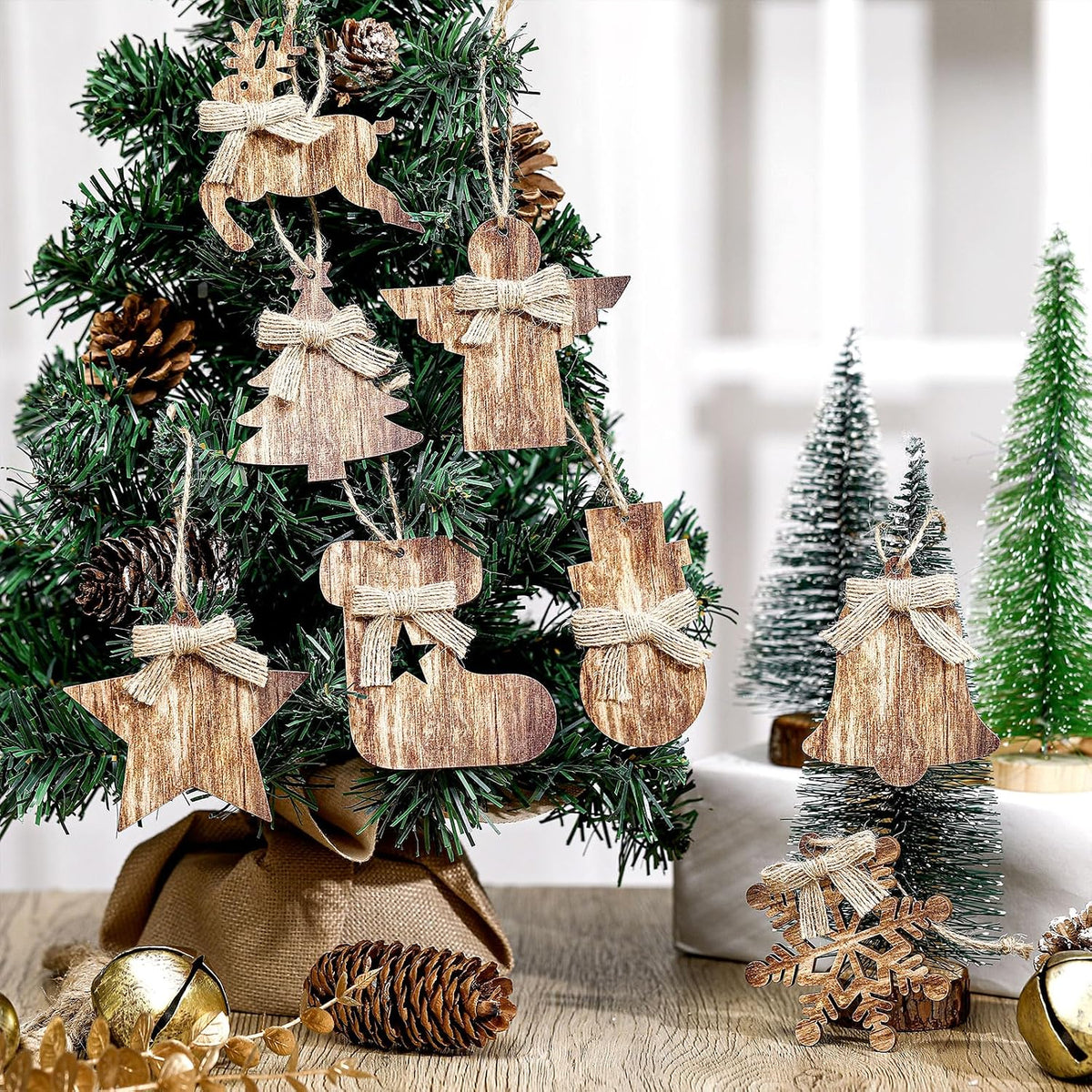 8 Pcs Rustic Christmas Tree Ornaments, Farmhouse Wooden Christmas Ornament