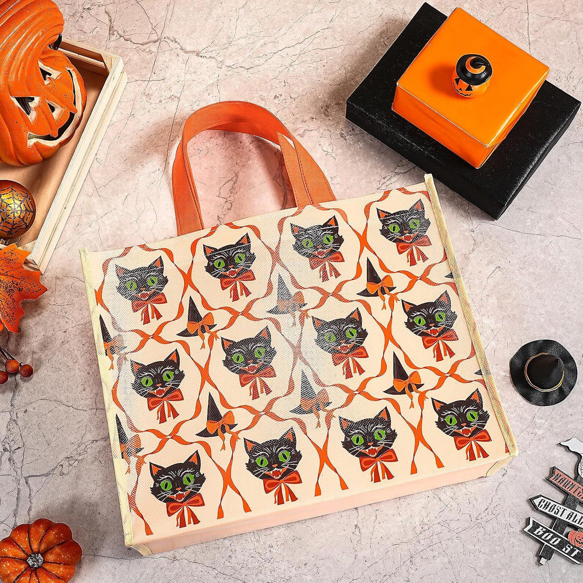 Loveinside 13" Large Halloween Reusable Gift Bag, Vintage Black Cat & Witch Hat Pattern Recycled Gift Bag with Handles for Kids Halloween Party, Trick or Treat, 13" x 5" x 10", 1 Pcs