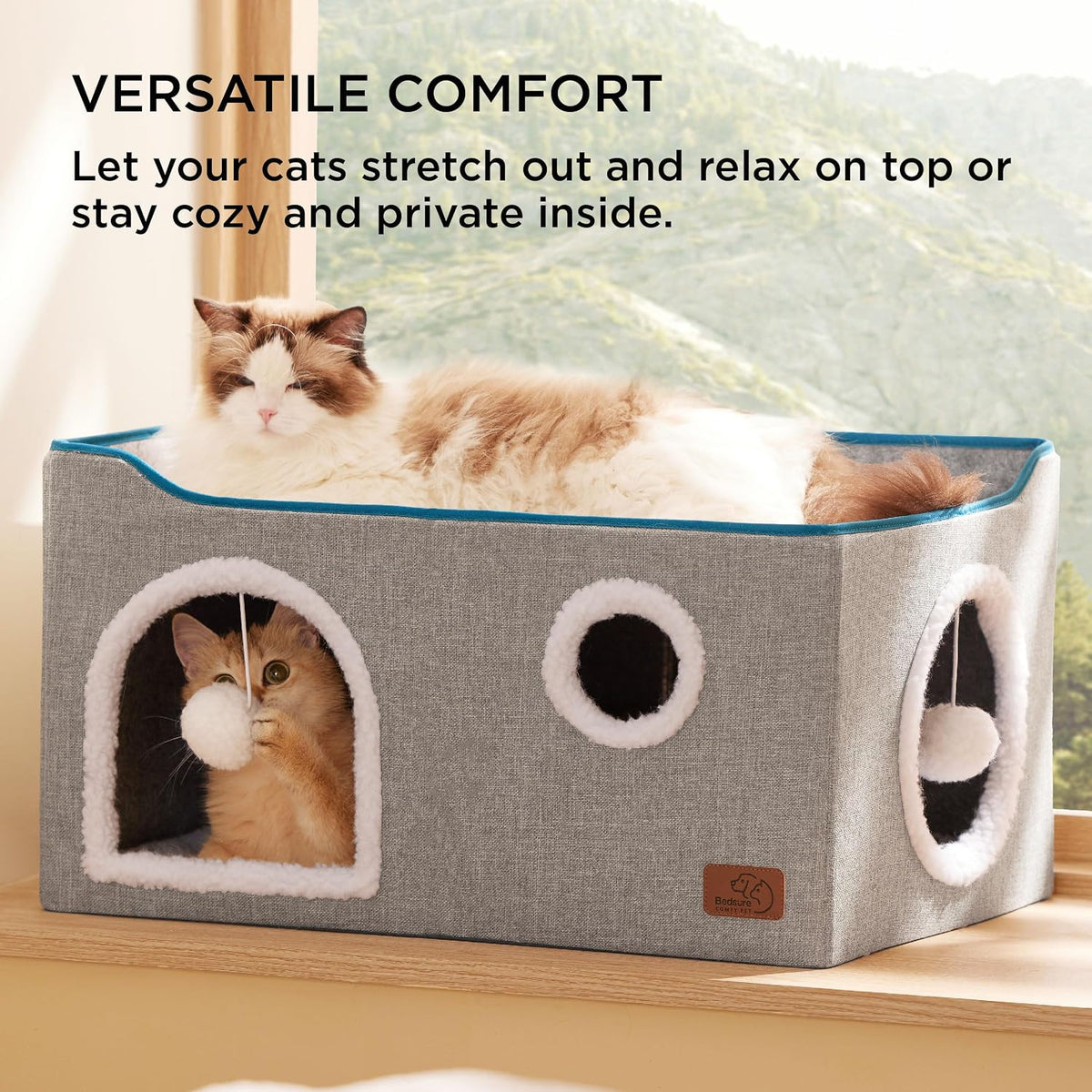 Bedsure Extra Wide Cat House Bed with Fluffy Ball and Scratch Pad,Grey | 23.6x16.9x13 in,Indoor Cat Cave for Multiple Pets, Foldable Cat Hideway Cube for Sleeping Large Cat and Kitten