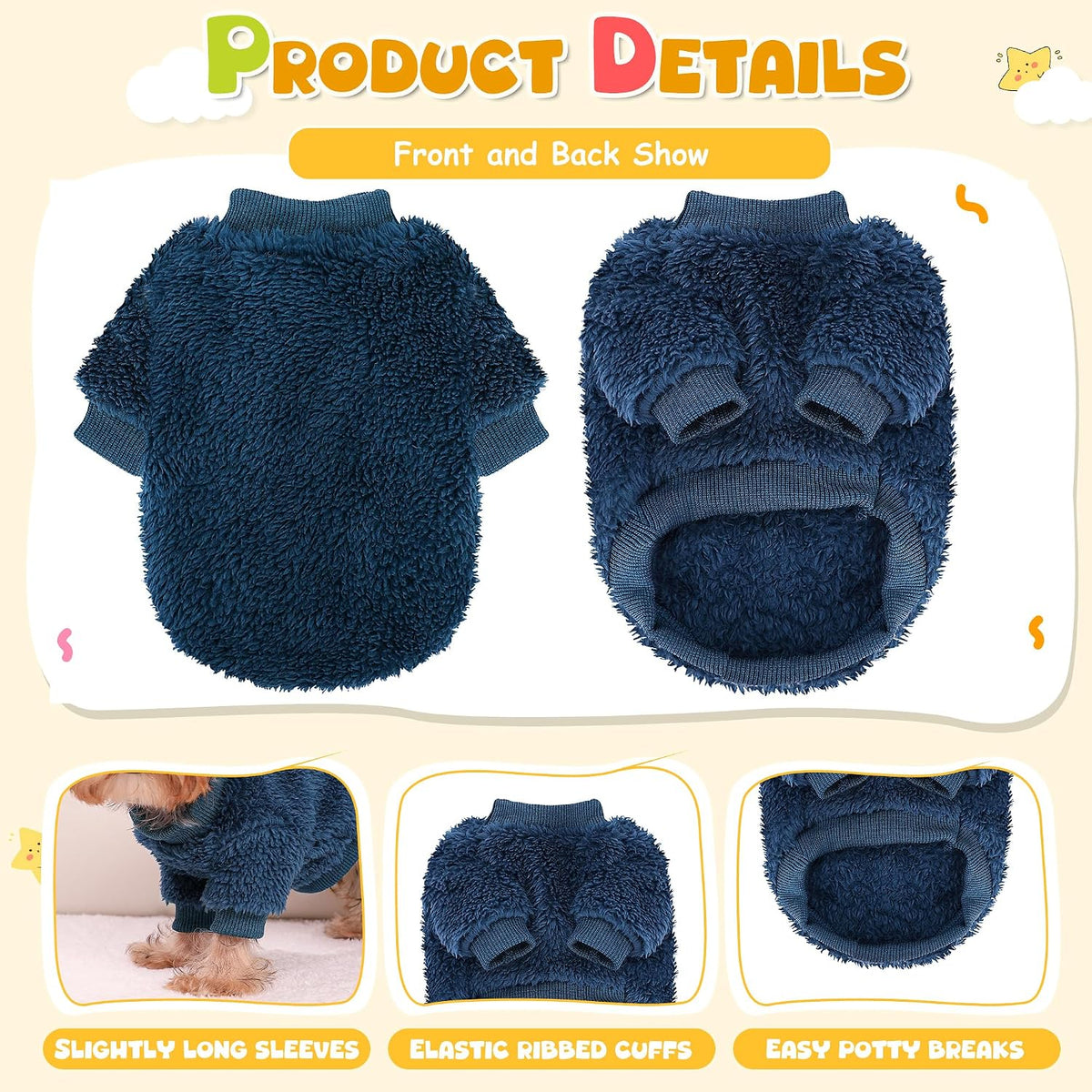 Cozy Pet Fleece Sweater, Double Velvet Winter Dog Clothes, Purple and Cream, Set of 2 (Navy Blue+Grey, X-Small)