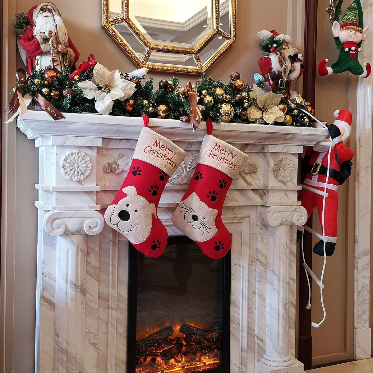 WEWILL 18" Dog Felt Christmas Stockings Paws Puppy Red Xmas Stocking Decor