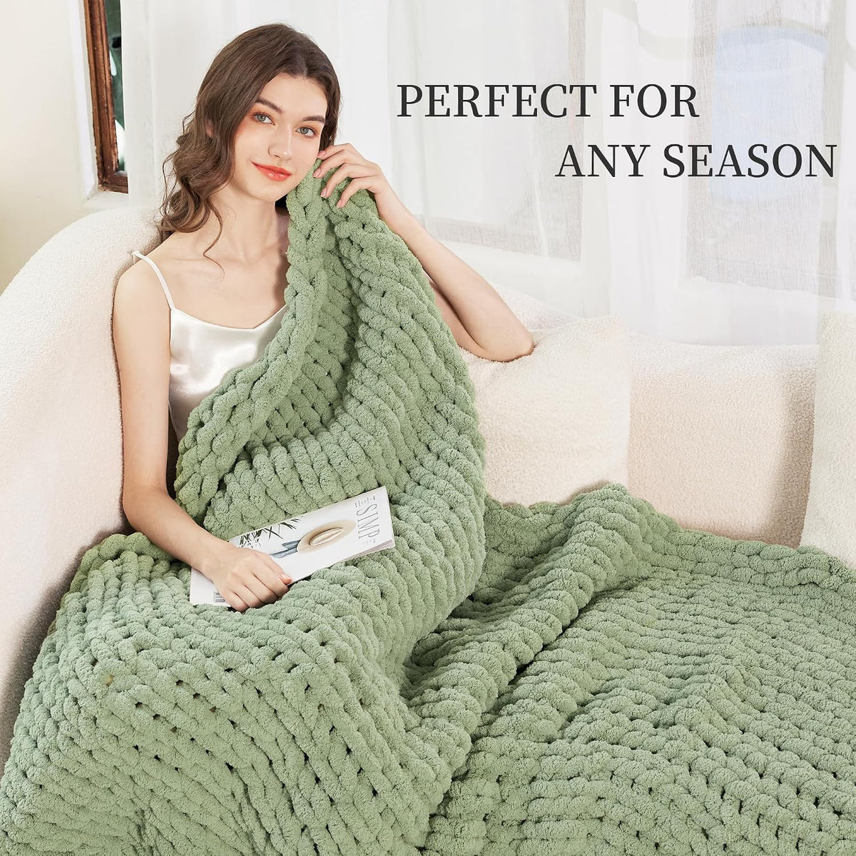 Chunky Knit Blanket Throw for Couch, 51"x63" Chunky Yarn Knitted Blankets | 100% Hand Knit Thick Chenille, Soft Breathable for Bed, Sofa, Home Decor, Cozy Gifts for Women Friends, Sage Green