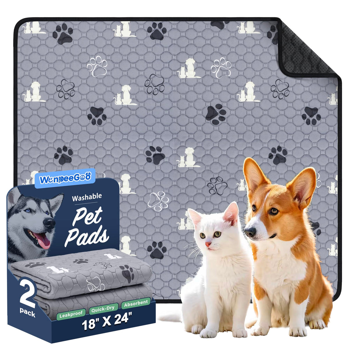 WanpeeGoo Washable Pee Pads for Dogs, Waterproof, 18 x 24 in, 4 Pack, Gray | Super Absorbent, Waterproof and Non-Slip; Washable, Reusable Dog Pads for Crates, Playpens, Floors, Furniture and Travel
