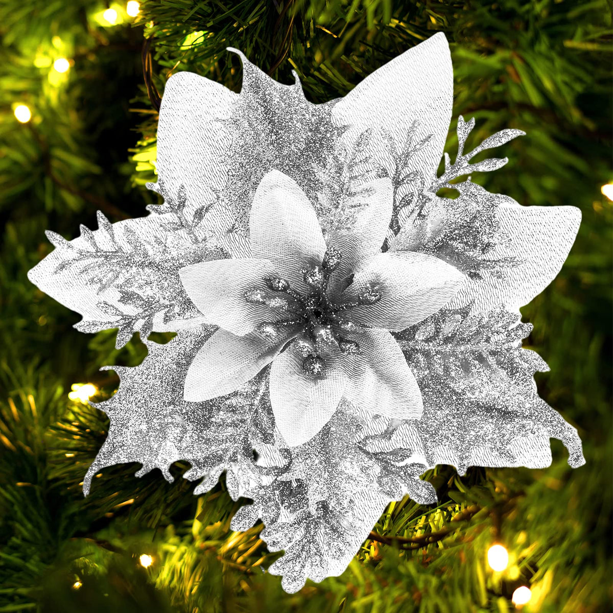 FurRain Christmas Poinsettia Artificial Flowers Decorations 5.5" Christmas Tree Wreaths Garland Decoration 12 Pcs Glitter Flowers Picks Decor for Xmas New Year Wedding Party Ornaments (Pink)
