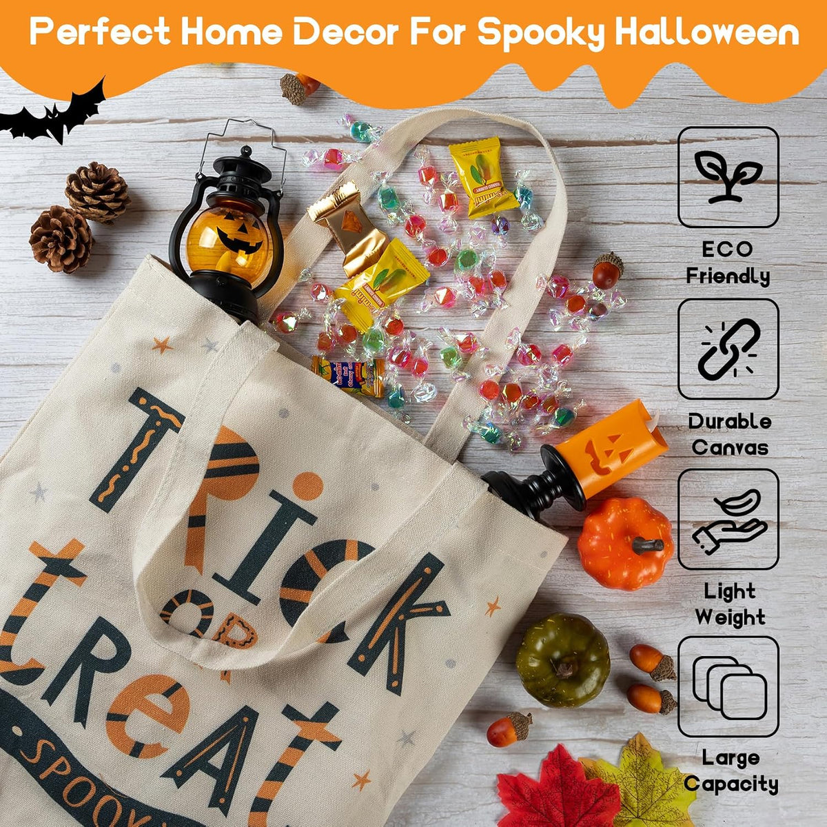ATFUNSHOP 13.8" Large Halloween Tote Bag Trick or Treat Canvas Reusable Large Bucket for Kids Boo Pumpkin Ghost
