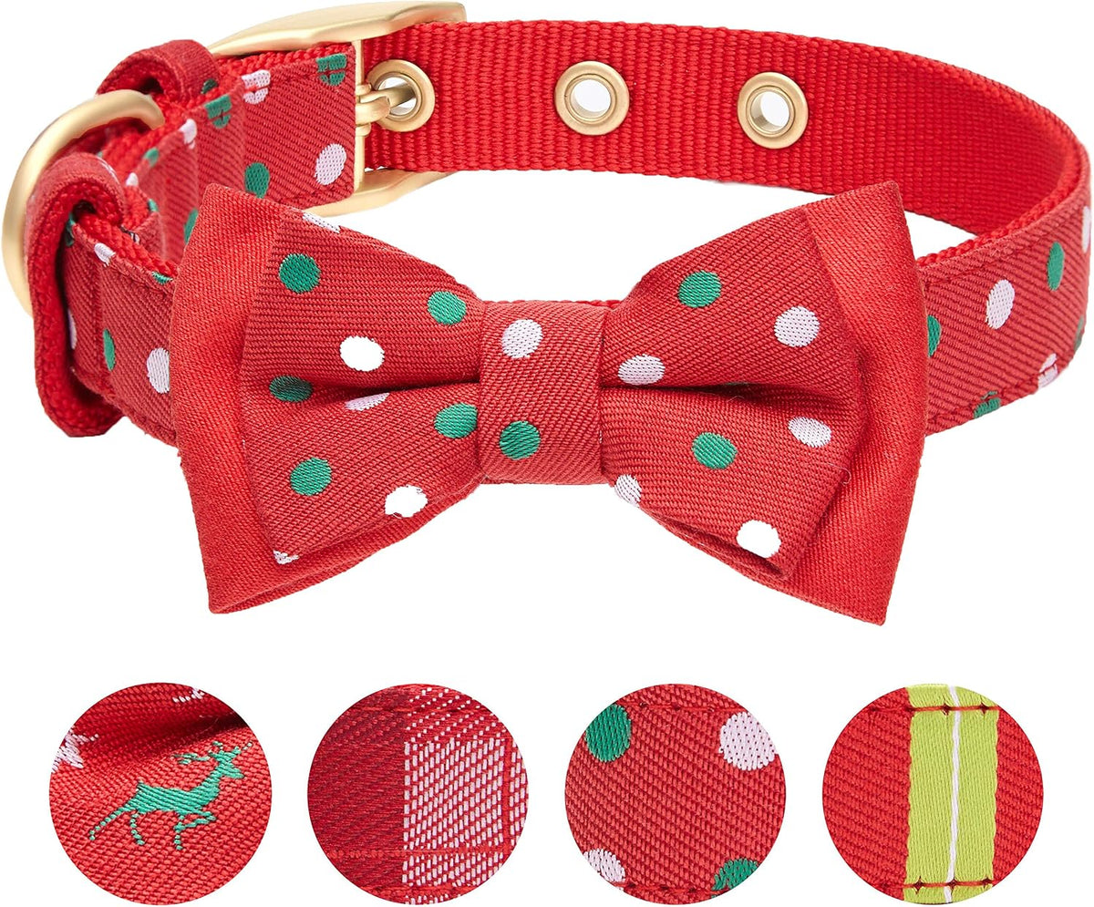 Blueberry Pet Luxurious Christmas Festival Polka Dot Adjustable Dog Collar with Detachable Bowtie, Neck 13-16.5", for Medium Breed