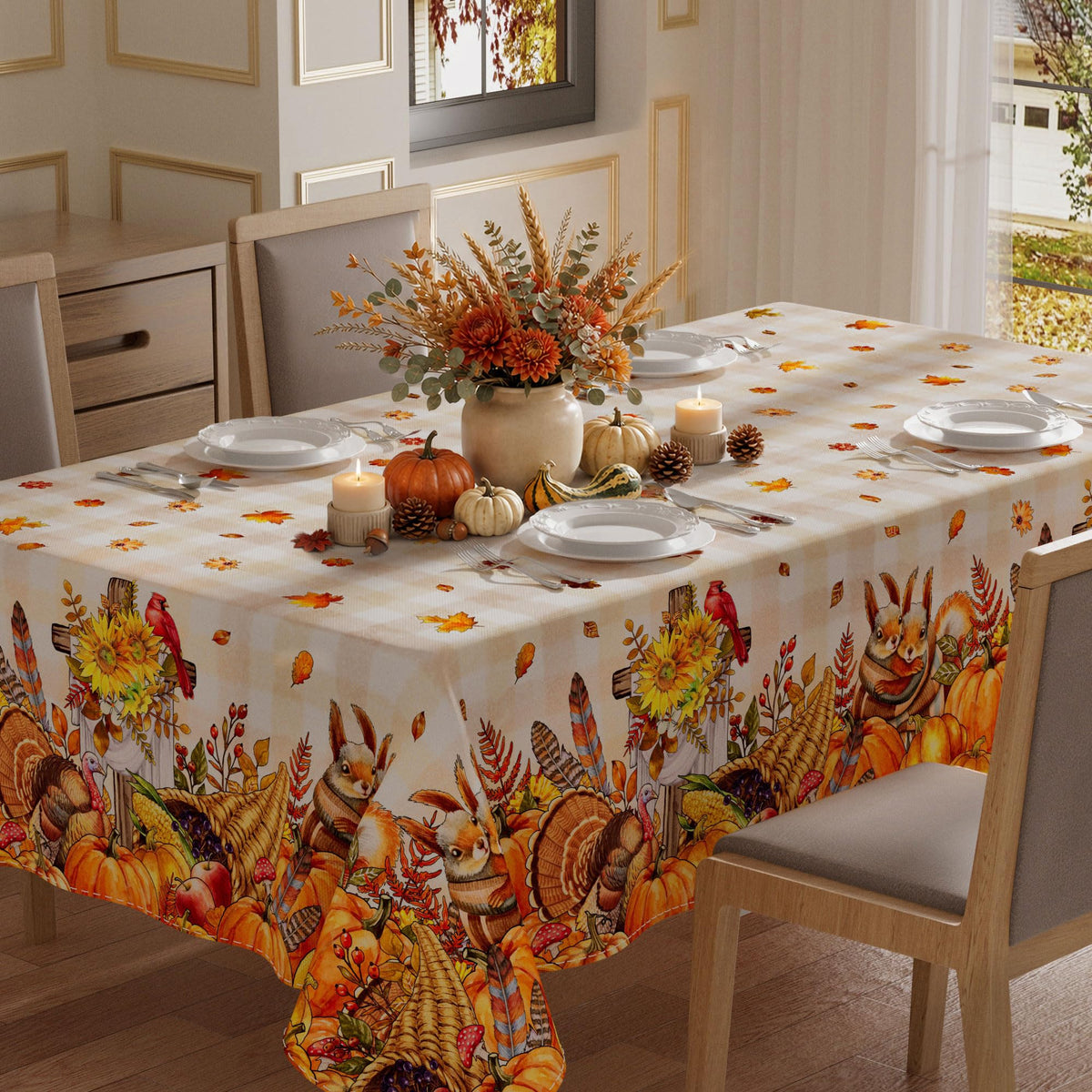 XCHI Fall Harvest Squirrel Turkey Maple Leaves Cross Pumpkin Thanksgiving Tablecloth Rectangle Table Cloth Table Covers for Indoor Dining Home Party Decorations 60x84 Inch