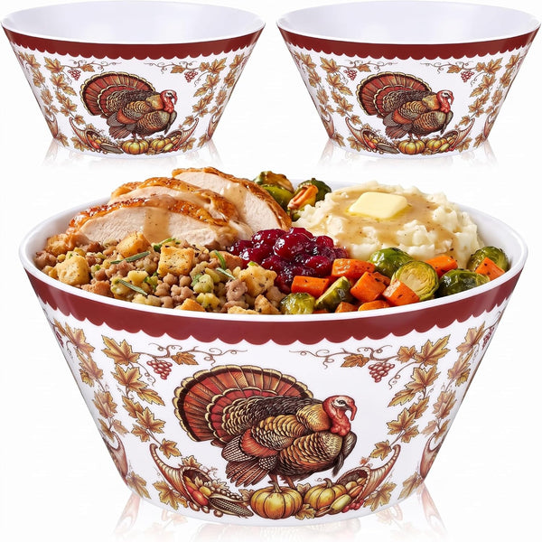 3 Pcs 10" Thanksgiving Serving Bowls, Turkey Print