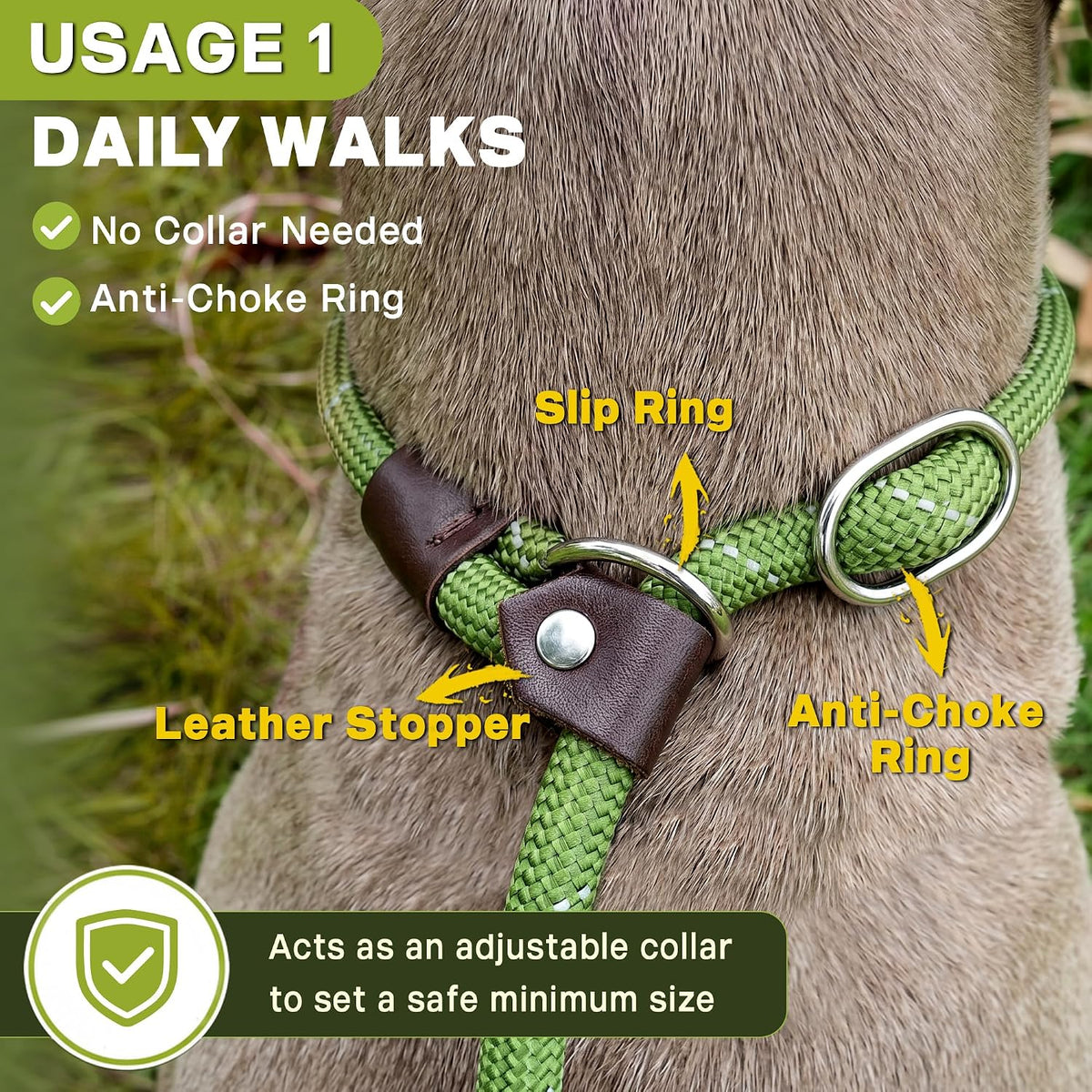 Fida Durable Slip Lead, 6 FT x 1/2" Heavy Duty Loop Leash, Comfortable Strong Rope for Large, Medium Dogs, No Pull Pet Training with Highly Reflective, Green
