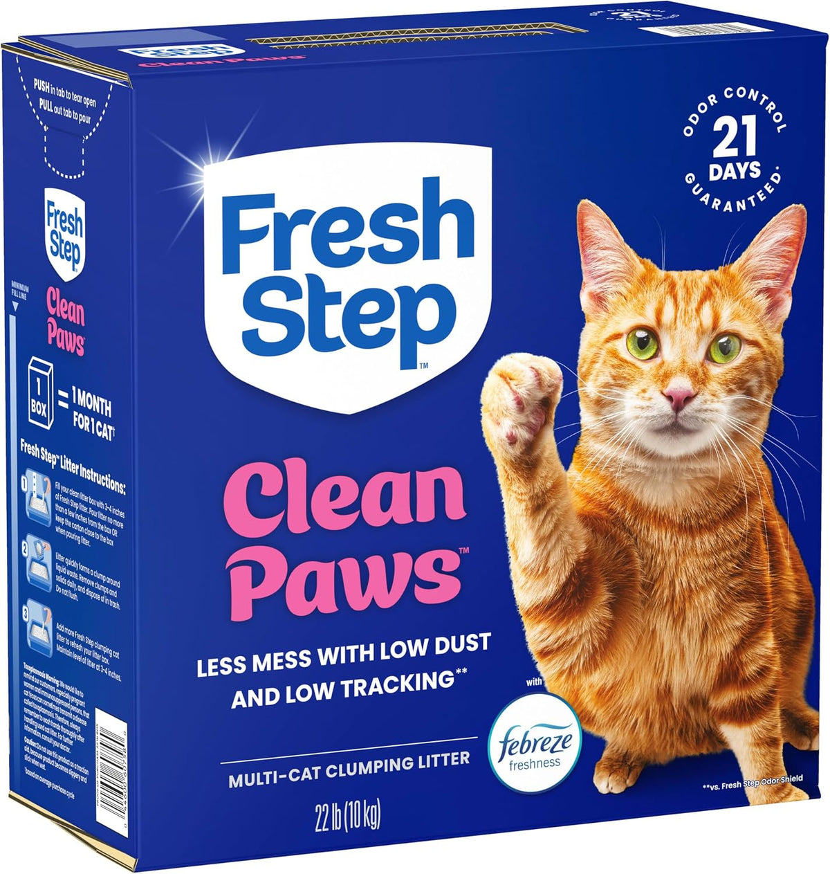 Fresh Step Clean Paws Multi Cat Clumping Litter with Febreze Freshness, Ammonia Block Technology, Low Tracking, 22 lb. Box
