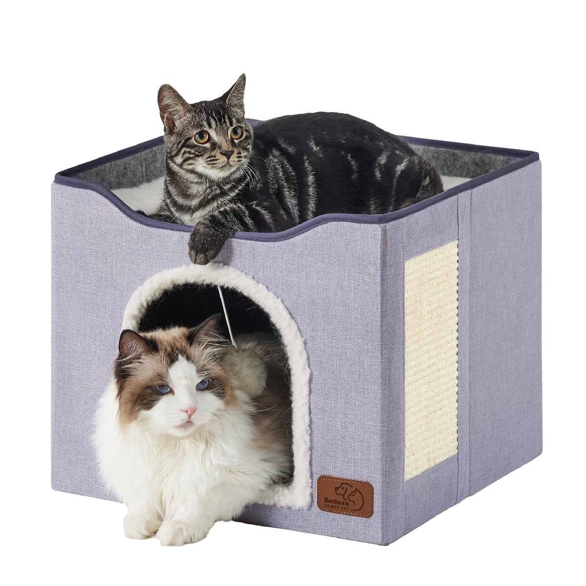Bedsure Extra Wide Cat House Bed with Fluffy Ball and Scratch Pad,Grey | 23.6x16.9x13 in,Indoor Cat Cave for Multiple Pets, Foldable Cat Hideway Cube for Sleeping Large Cat and Kitten
