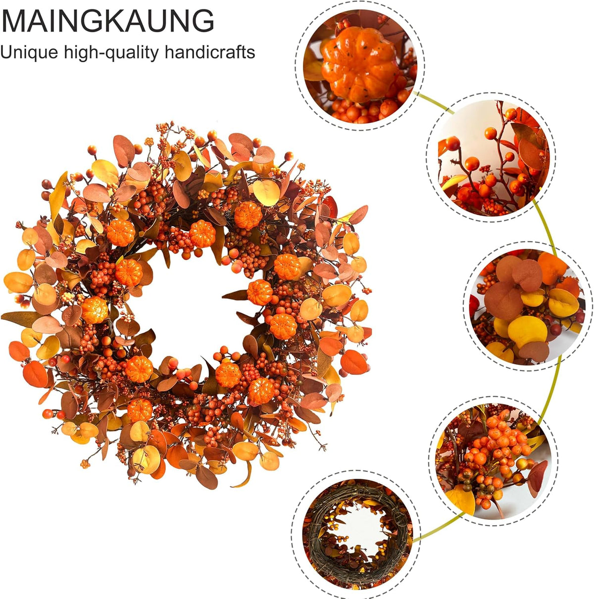 Fall Wreath 22 Inch Fall Wreaths for Front Door Autumn Pumpkin Wreaths with Orange Eucalyptus Leaves and Berries for Indoor Outdoor Thanksgiving Harvest Festival Celebrations