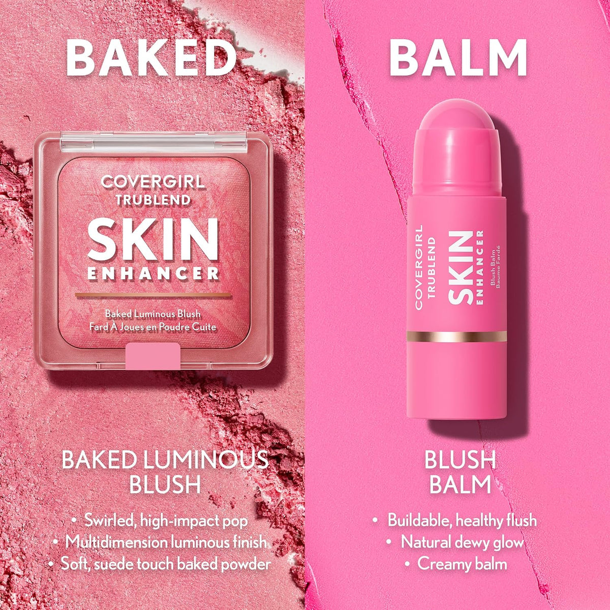 COVERGIRL TruBlend Skin Enhancer Baked Luminous Blush, with Hyaluronic Acid & White Rose Extract, Blends Seamlessly - Please Please Pink (Bright Pink with Light Swirls)