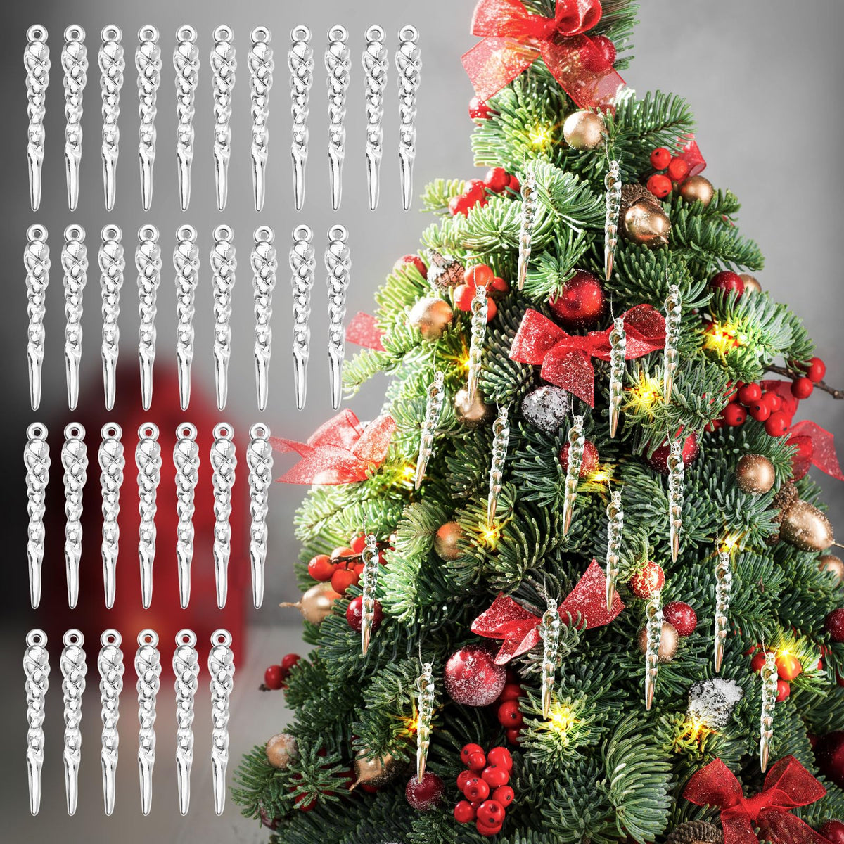 Cinnvoice 36 Pcs Iridescent Christmas Icicle Ornaments for Christmas Decor