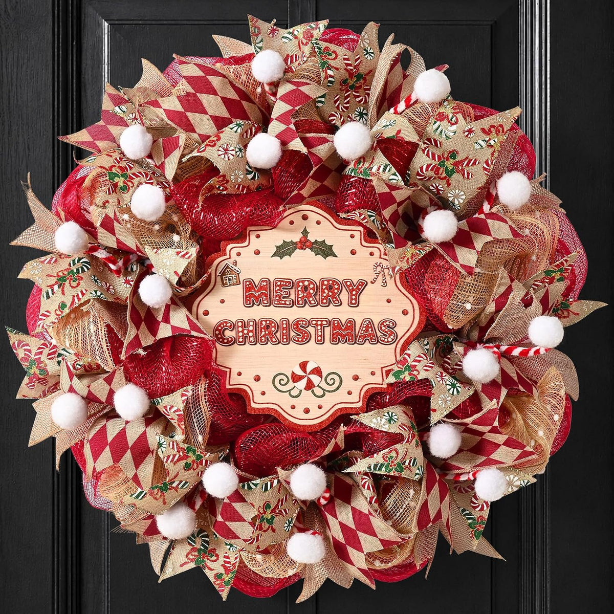 Christmas Wreath for Front Door, Mesh Wreath with Red Gold Ribbon