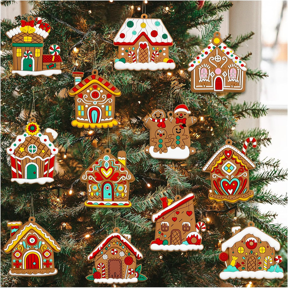 Gingerbread House Ornaments Christmas Tree Decoration - 12pcs Gingerbread House Christmas Decorations Hanging Ornaments for Holiday Xmas Tree Home Decor