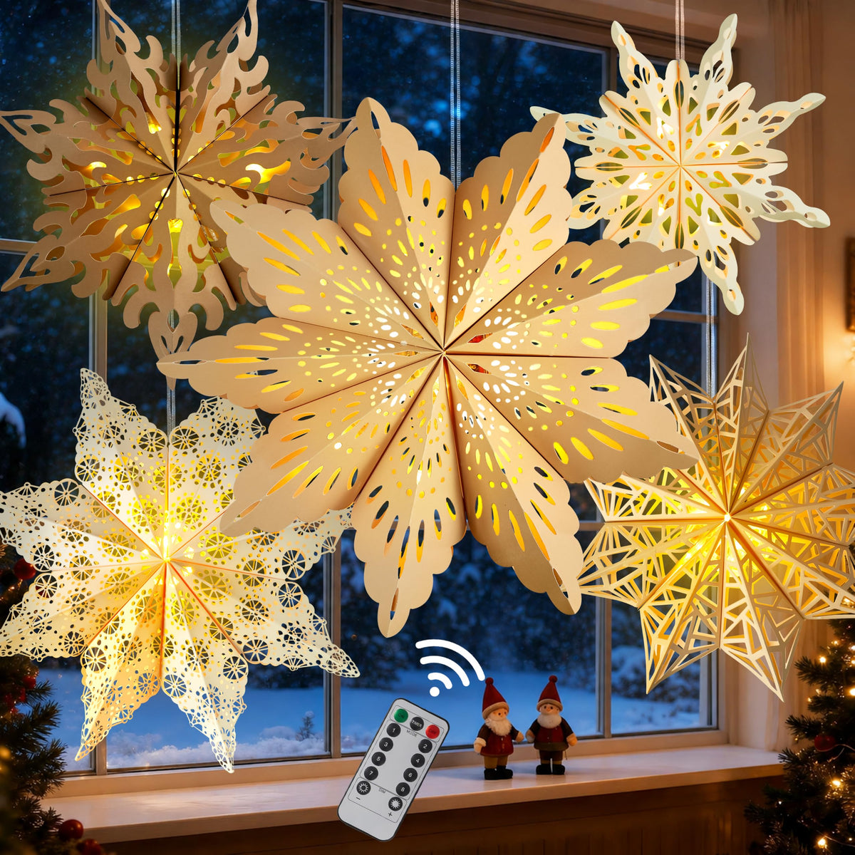 Paper Snowflake Lanterns with Lights, 5 Pack Christmas Hanging Decorations