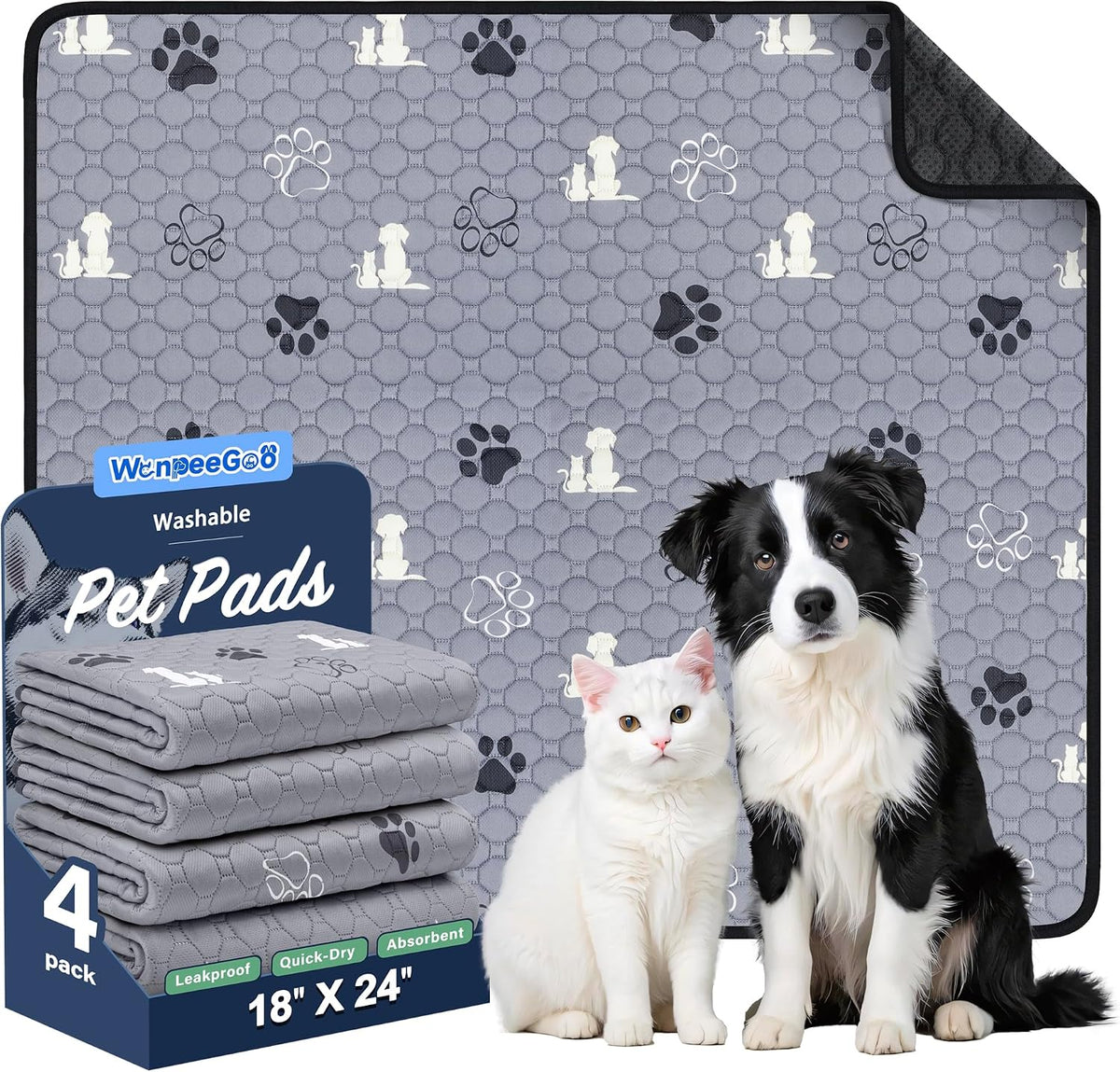 WanpeeGoo Washable Pee Pads for Dogs, Waterproof, 18 x 24 in, 4 Pack, Gray | Super Absorbent, Waterproof and Non-Slip; Washable, Reusable Dog Pads for Crates, Playpens, Floors, Furniture and Travel