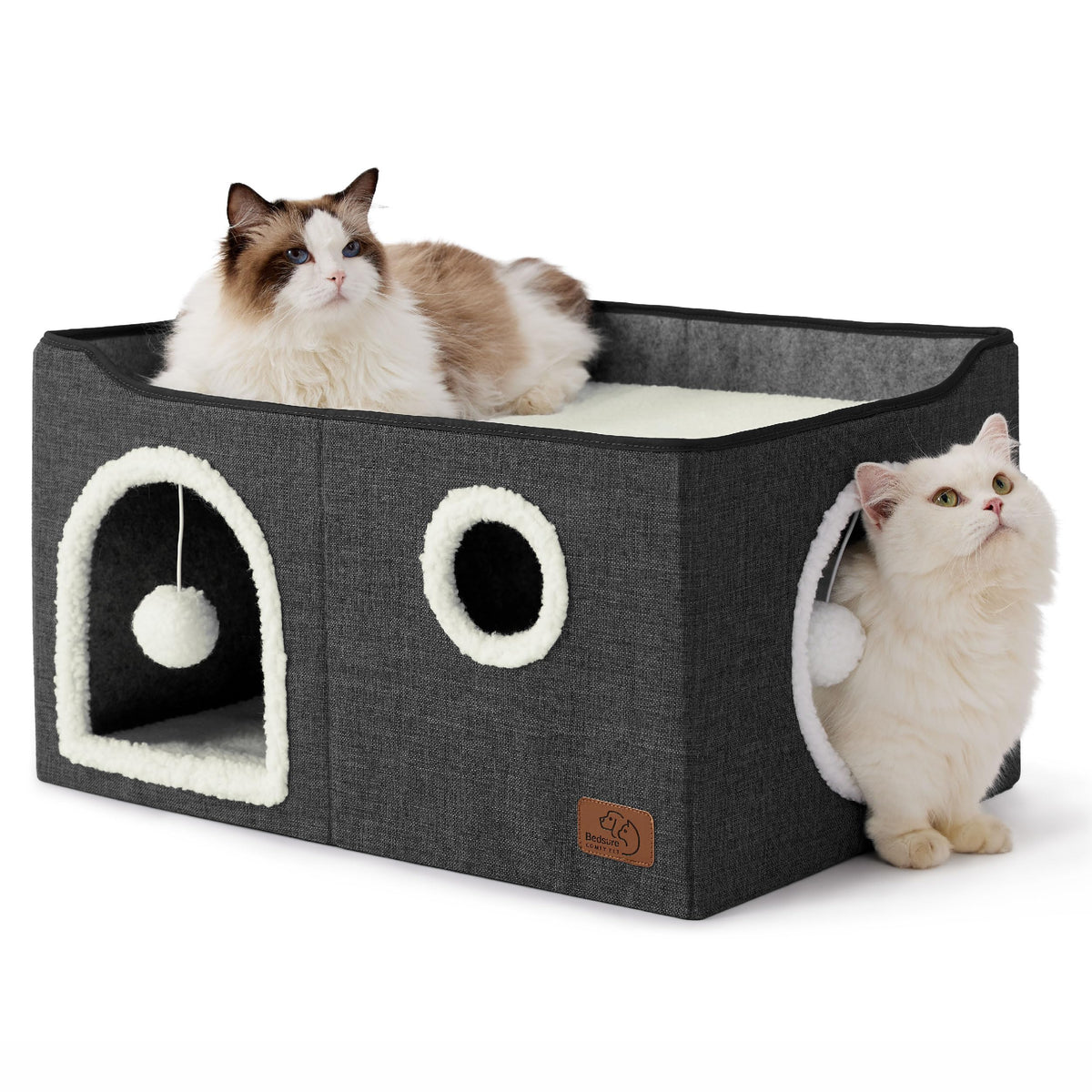 Bedsure Extra Wide Cat House Bed with Fluffy Ball and Scratch Pad,Grey | 23.6x16.9x13 in,Indoor Cat Cave for Multiple Pets, Foldable Cat Hideway Cube for Sleeping Large Cat and Kitten