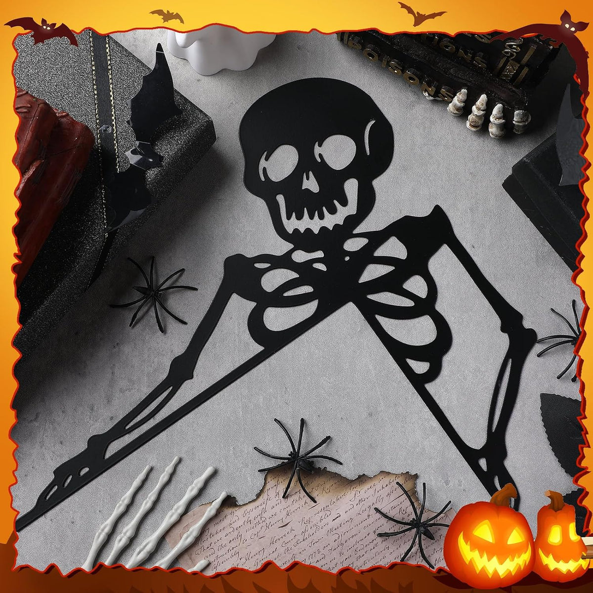 Yaocom 11.8" x 11.8" Metal Halloween Door Topper, Black Skeleton Sign