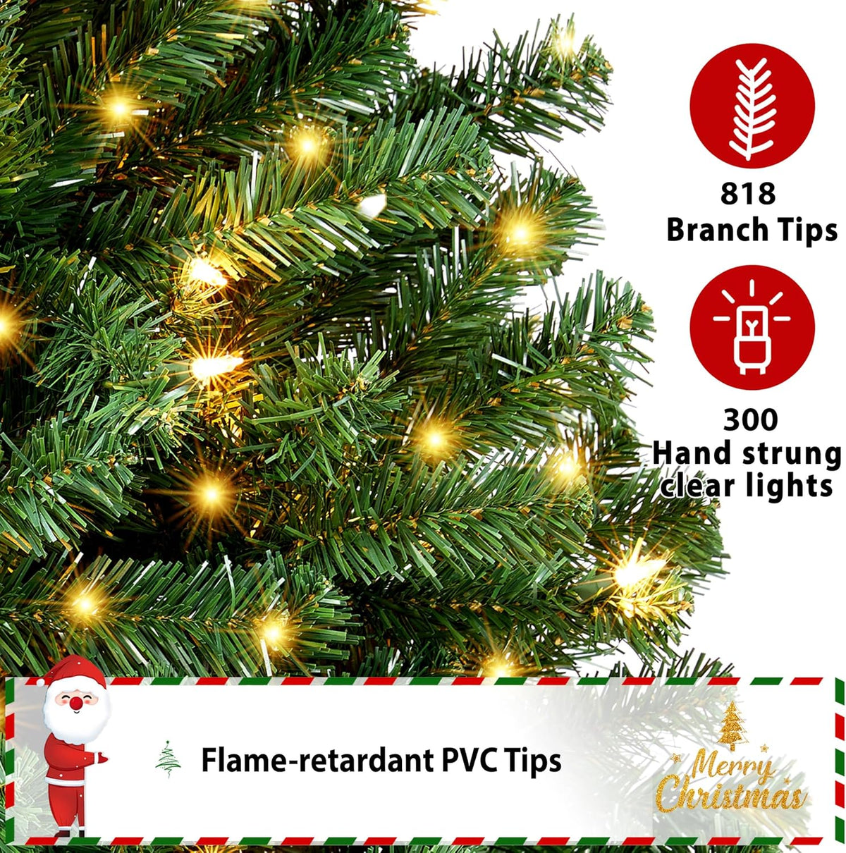 Yaheetech 6ft Pre-lit Christmas Tree with 300 Warm White Lights, Green