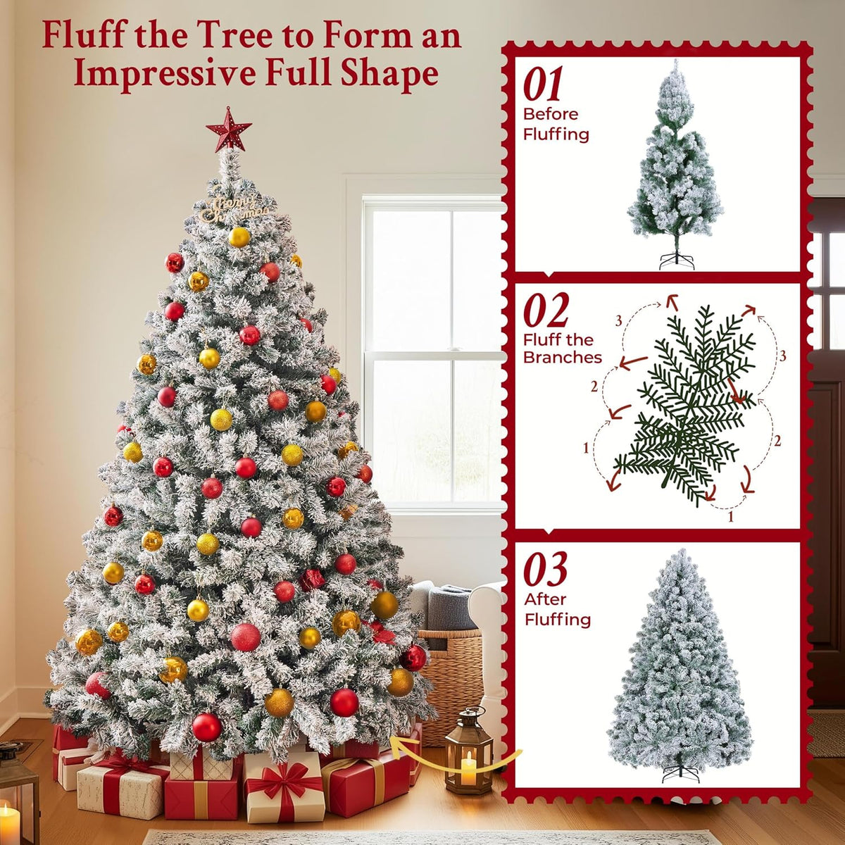 Yaheetech 6ft Pre-Lit Snow Flocked Artificial Christmas Tree, 250 Lights
