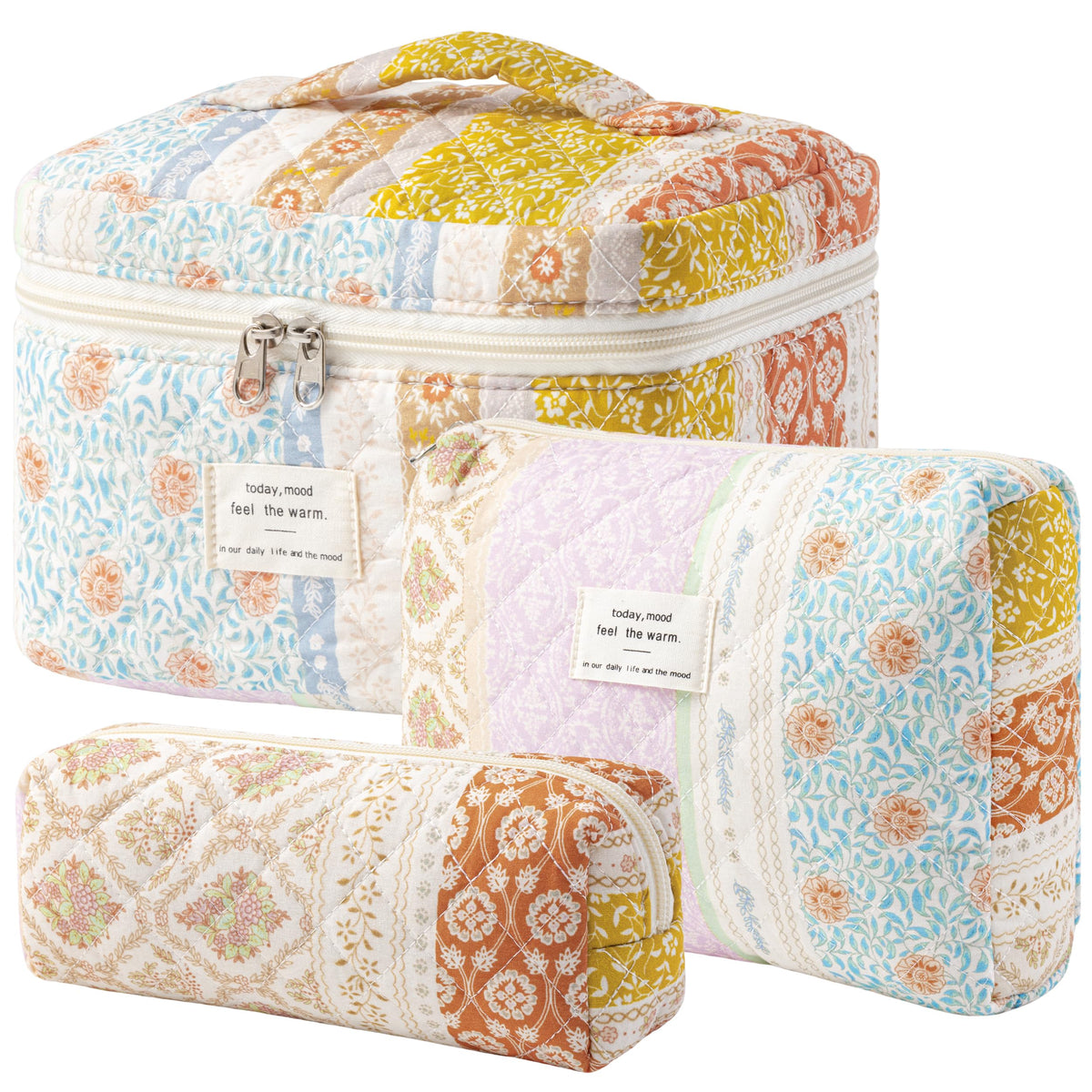 HBselect Quilted Makeup Bag, 3PCS Cotton Large Travel Makeup Bag, Cute Floral Coquette Make up Bag Cosmetic Bag Toiletry Bag for Women Girls