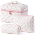 HBselect Quilted Makeup Bag, 3PCS Cotton Large Travel Makeup Bag, Cute Floral Coquette Make up Bag Cosmetic Bag Toiletry Bag for Women Girls
