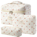 HBselect Quilted Makeup Bag, 3PCS Cotton Large Travel Makeup Bag, Cute Floral Coquette Make up Bag Cosmetic Bag Toiletry Bag for Women Girls