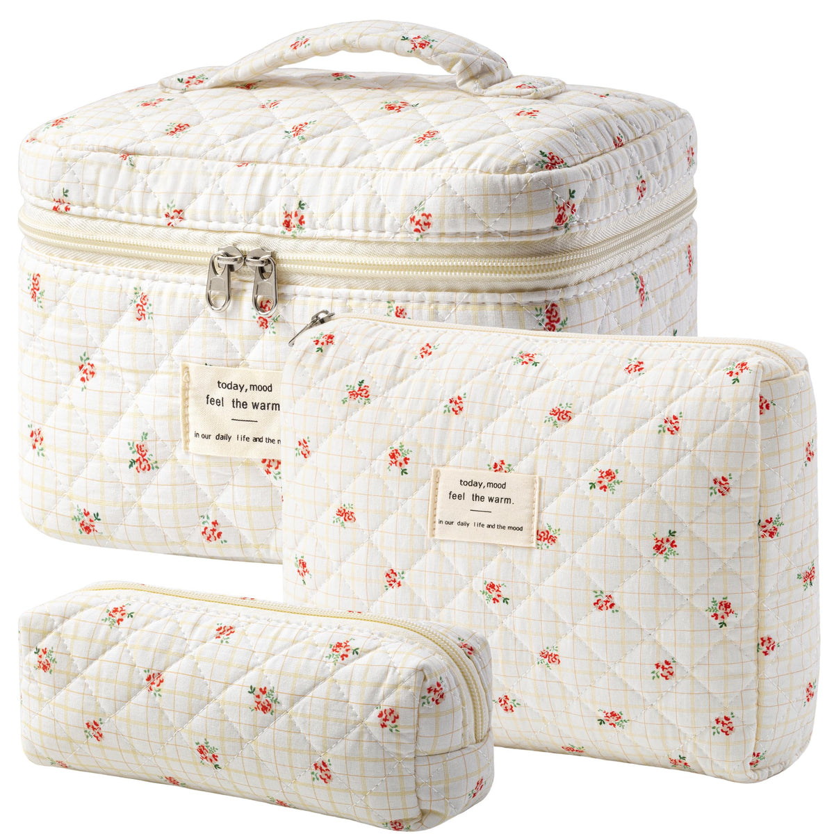 HBselect Quilted Makeup Bag, 3PCS Cotton Large Travel Makeup Bag, Cute Floral Coquette Make up Bag Cosmetic Bag Toiletry Bag for Women Girls