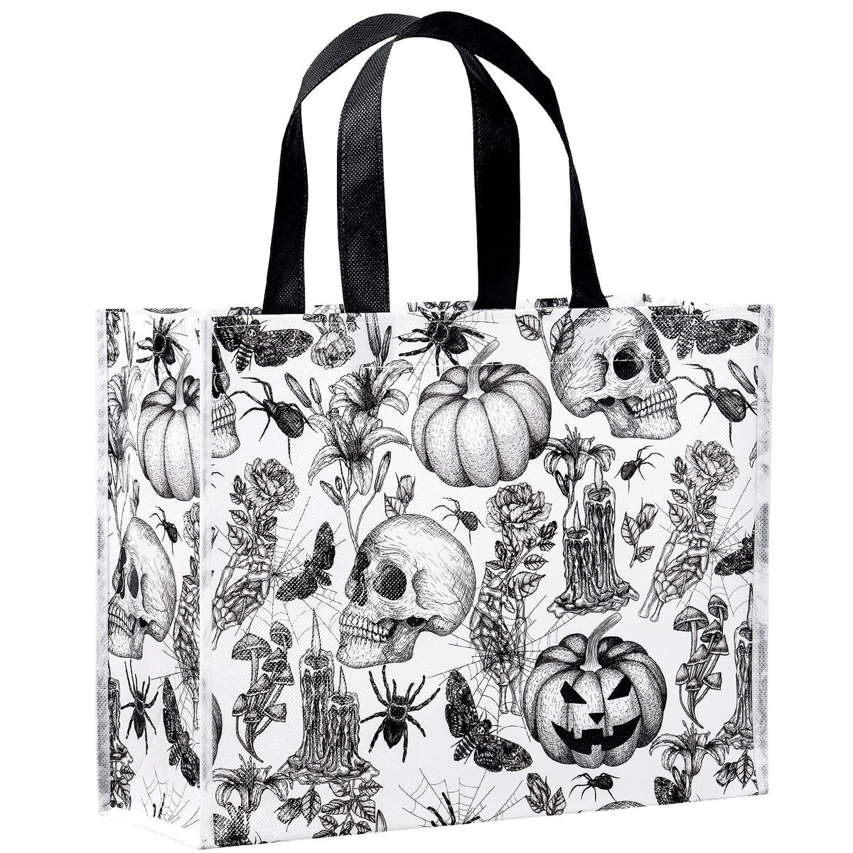 Loveinside 13" Large Halloween Reusable Gift Bag, Vintage Black Cat & Witch Hat Pattern Recycled Gift Bag with Handles for Kids Halloween Party, Trick or Treat, 13" x 5" x 10", 1 Pcs