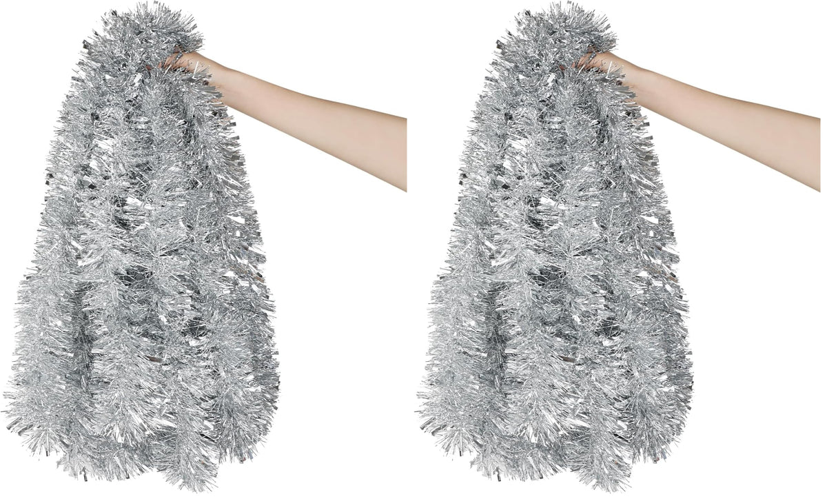 DECORA 33 Feet Silver Tinsel Garland, Christmas Metallic Hanging Tinsel Garland for Xmas Tree Home and Party Decoration