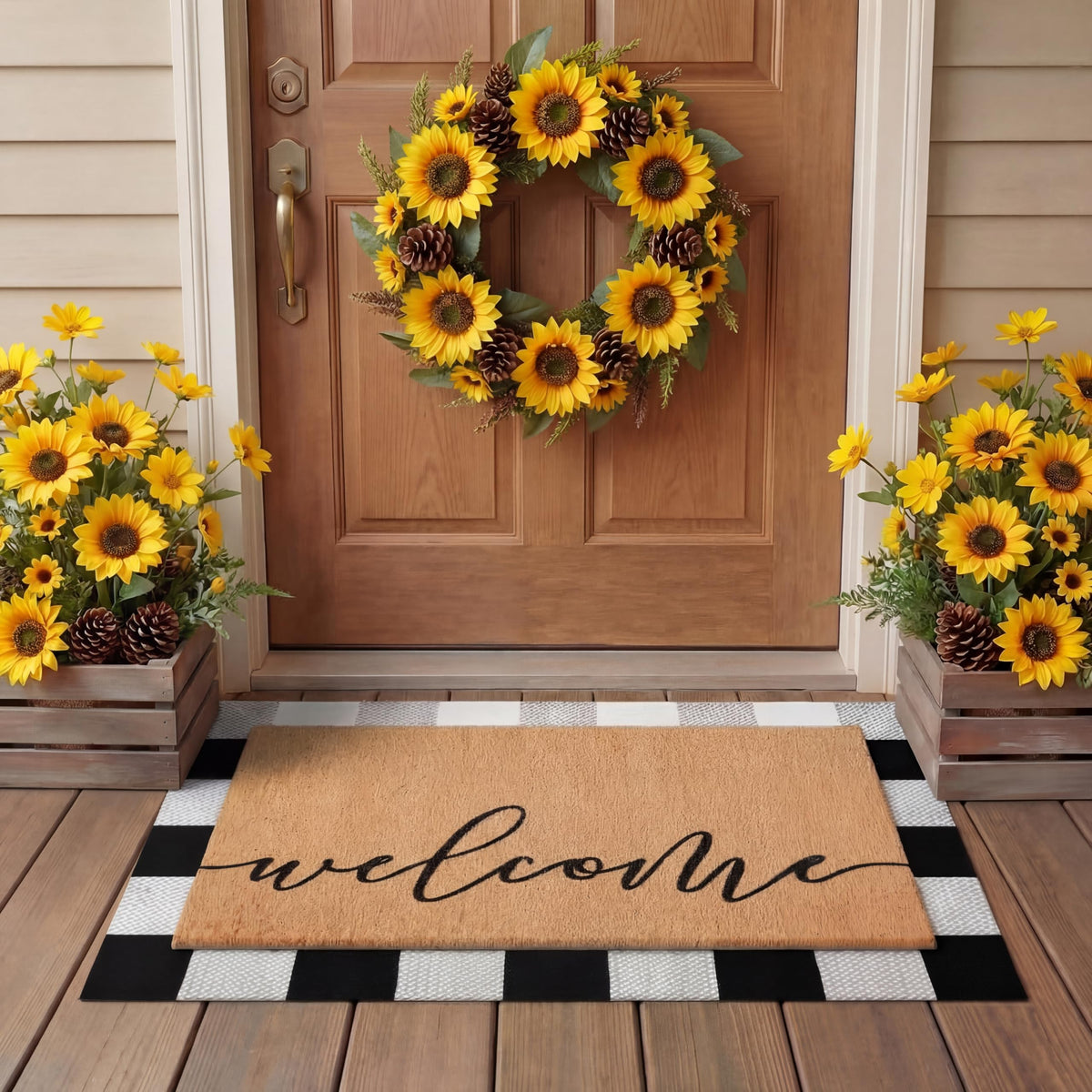 Tinideya 2 23.6 X 35.4 Inches Plaid Ghost Red Brown | Layered Coir Doormat Set, Non Slip Backing for Outdoor Entryway, Buffalo Plaid Seasonal Design, Front Porch Home Decor
