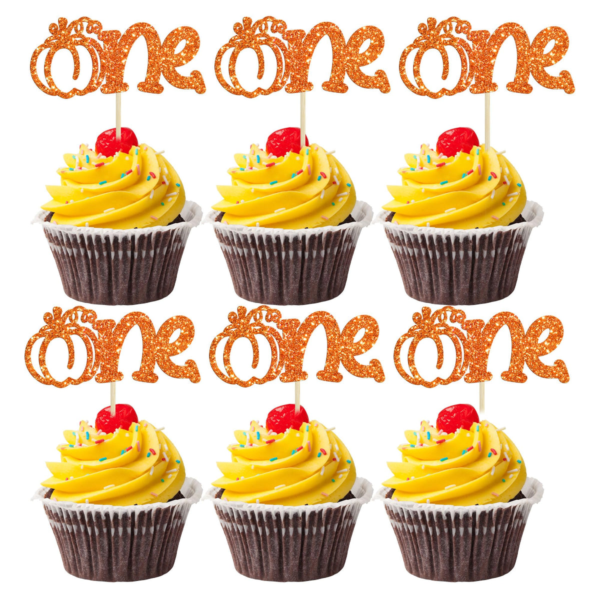 24pc Little Pumpkin Cupcake Toppers - Glitter Pumpkin Cupcake Picks - Baby Shower Decorations - Fall Harvest Theme - Kids Birthday Party Supplies