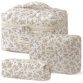 HBselect Quilted Makeup Bag, 3PCS Cotton Large Travel Makeup Bag, Cute Floral Coquette Make up Bag Cosmetic Bag Toiletry Bag for Women Girls