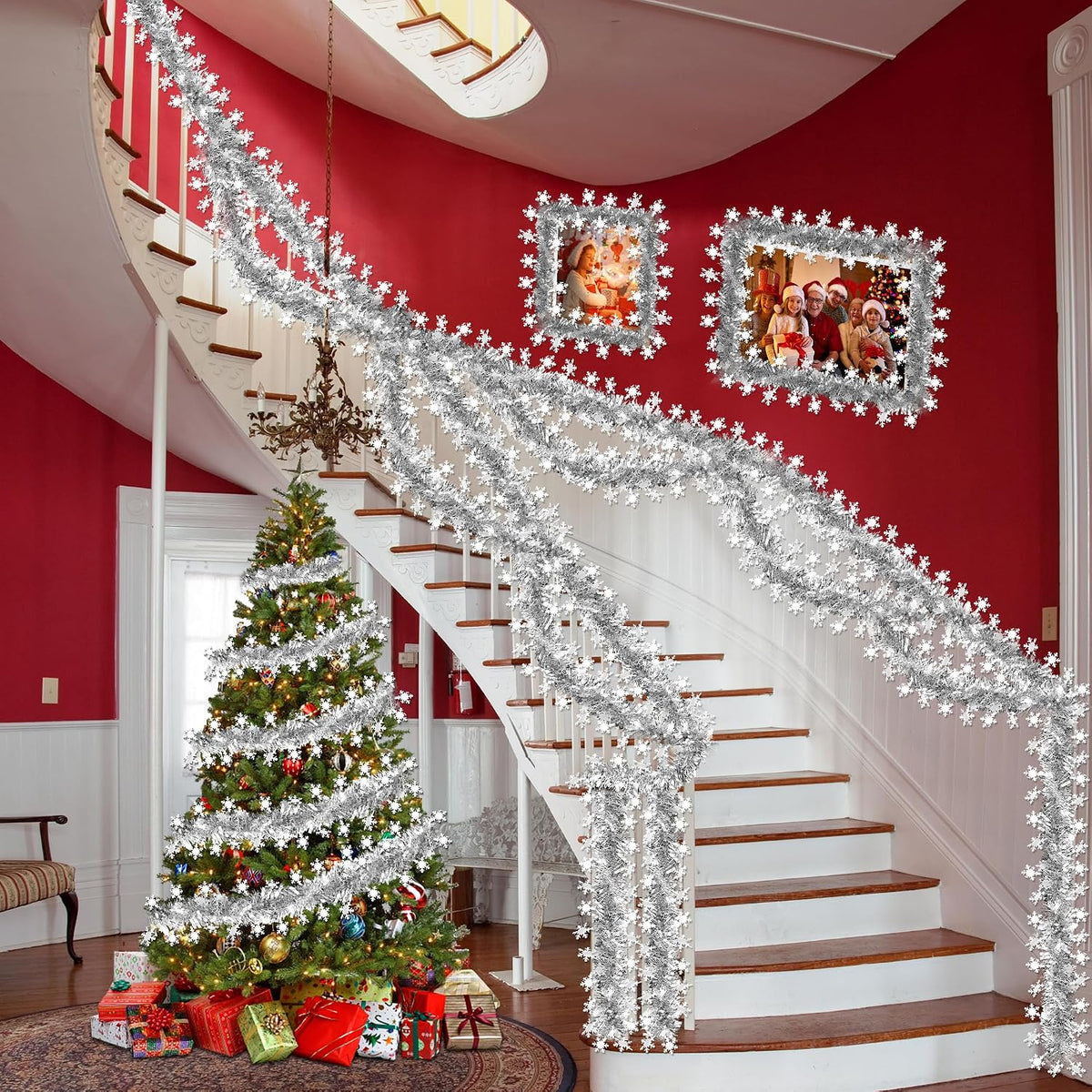 50 FT Christmas Decorations Tinsel Garland, Christmas Snowflake Garland Xmas Shiny Twist Metallic Garlands Decorations for Xmas Tree Home Indoor Outdoor Holiday Xmas Party Decor
