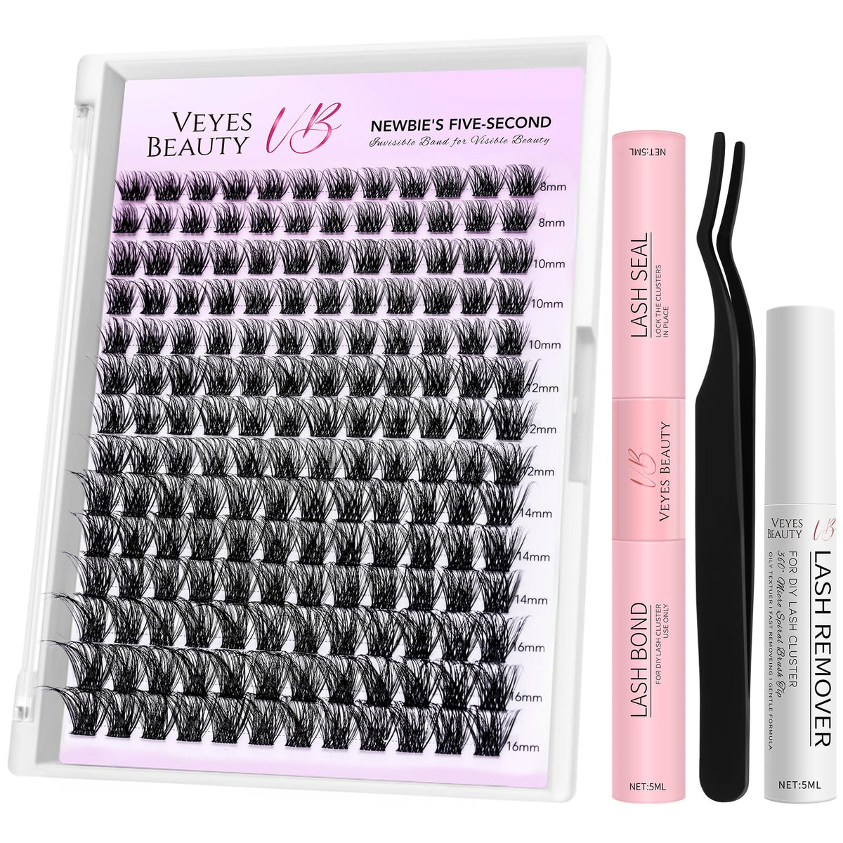VEYESBEAUTY Lash Clusters Individual Eyelash Extensions Thin & Invisible Band DIY False Eyelashes for Self-application Newbie's Five-Second Series Wispy Lash Tray, Dreamy 8-16mm Mixed Length