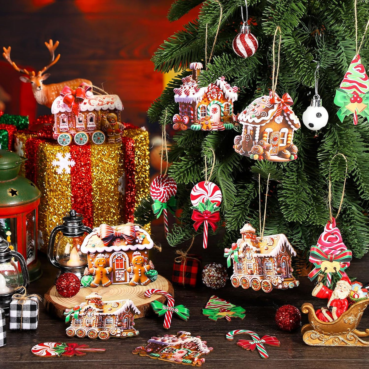 36 Pcs Christmas Gingerbread House Ornaments, Wood Xmas Tree Decor