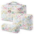 HBselect Quilted Makeup Bag, 3PCS Cotton Large Travel Makeup Bag, Cute Floral Coquette Make up Bag Cosmetic Bag Toiletry Bag for Women Girls