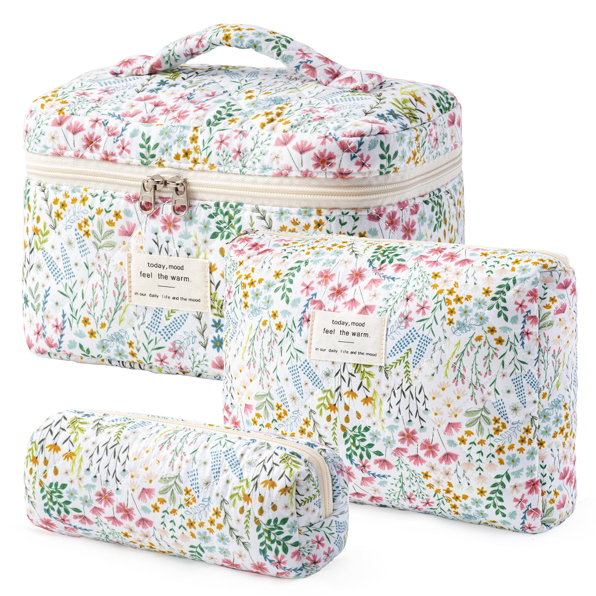 HBselect Quilted Makeup Bag, 3PCS Cotton Large Travel Makeup Bag, Cute Floral Coquette Make up Bag Cosmetic Bag Toiletry Bag for Women Girls
