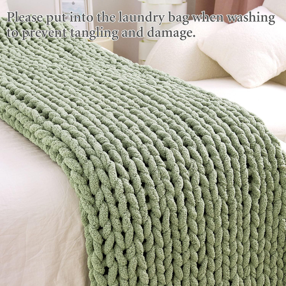 Chunky Knit Blanket Throw for Couch, 51"x63" Chunky Yarn Knitted Blankets | 100% Hand Knit Thick Chenille, Soft Breathable for Bed, Sofa, Home Decor, Cozy Gifts for Women Friends, Sage Green