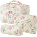 HBselect Quilted Makeup Bag, 3PCS Cotton Large Travel Makeup Bag, Cute Floral Coquette Make up Bag Cosmetic Bag Toiletry Bag for Women Girls