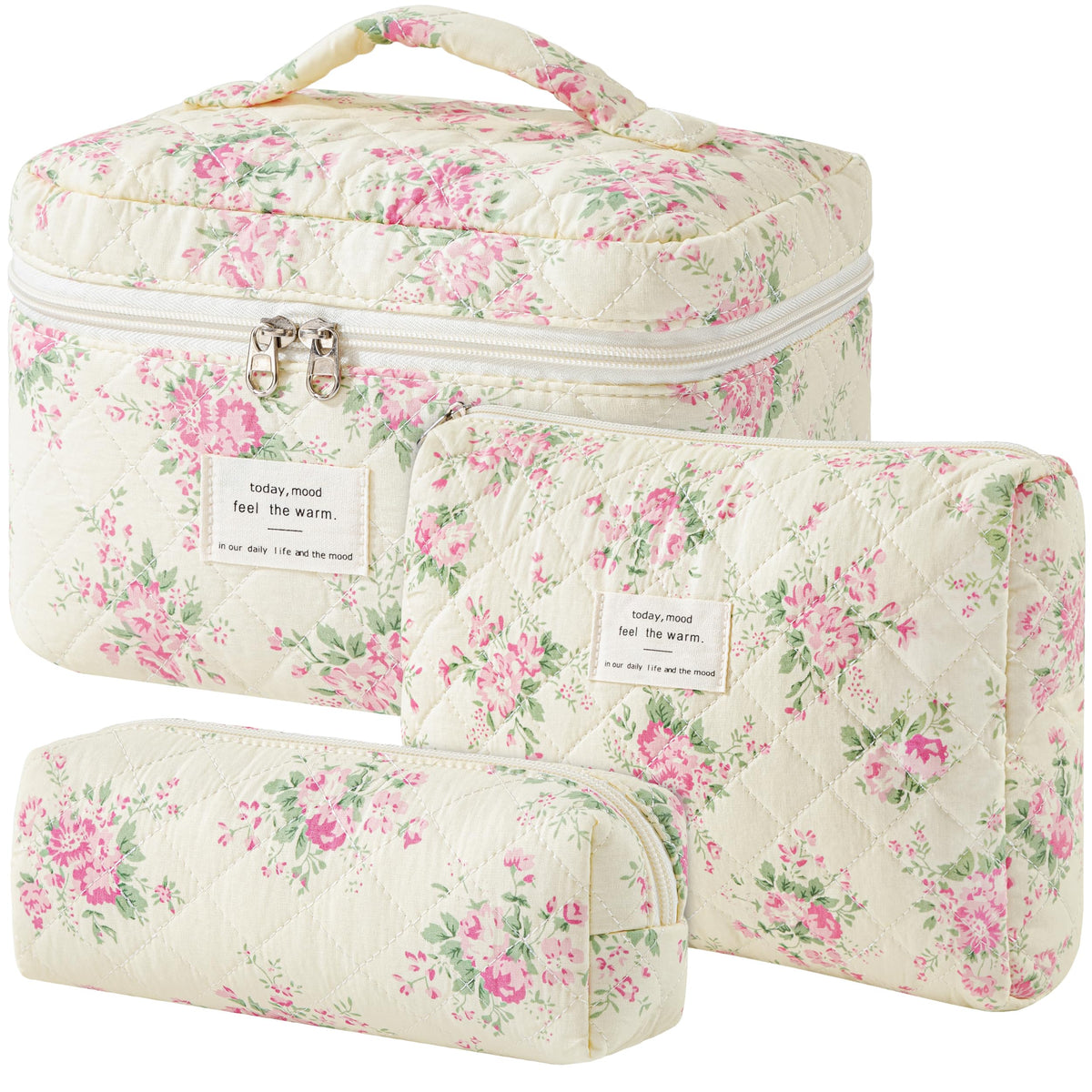 HBselect Quilted Makeup Bag, 3PCS Cotton Large Travel Makeup Bag, Cute Floral Coquette Make up Bag Cosmetic Bag Toiletry Bag for Women Girls