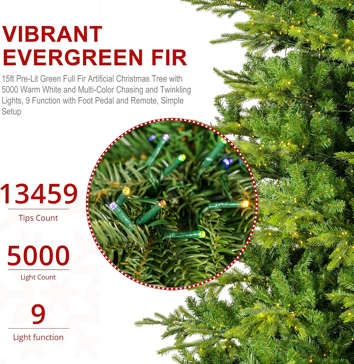Glitzhome 15ft Prelit Artificial Christmas Tree, Vibrant Evergreen Fir with 5,000 Warm White/Multi-Color Chasing and Twinkling Lights, 13,459 PE&PVC Branch Tips, 9 Function w/Foot Pedal, Simple Setup