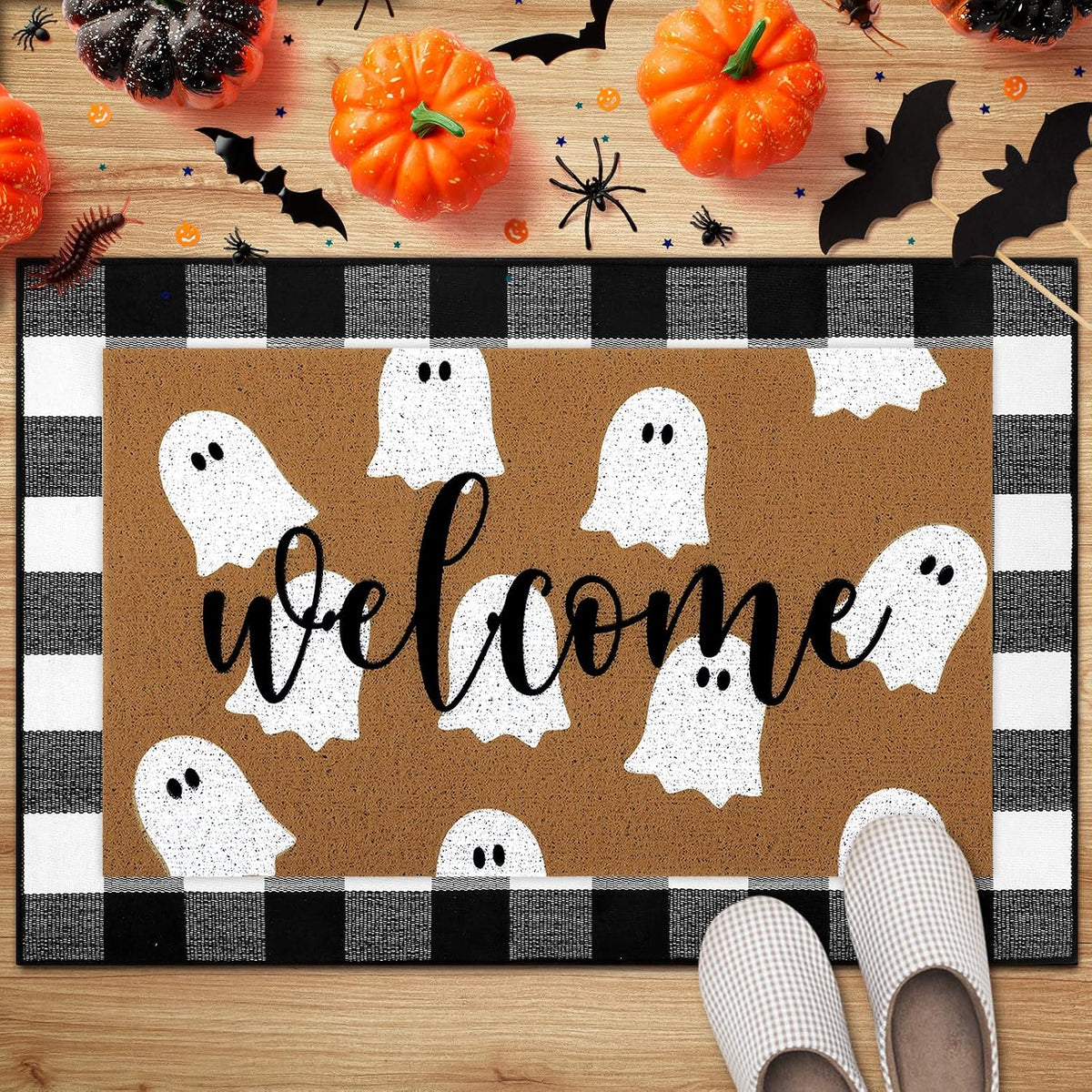 Tinideya 2 23.6 X 35.4 Inches Plaid Ghost Red Brown | Layered Coir Doormat Set, Non Slip Backing for Outdoor Entryway, Buffalo Plaid Seasonal Design, Front Porch Home Decor