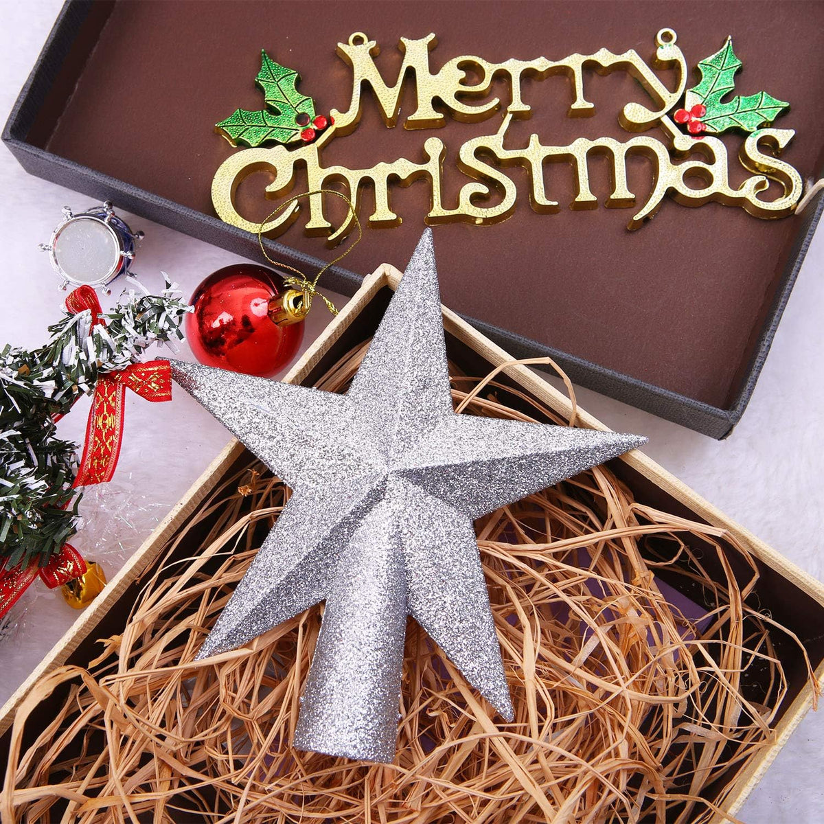 Aneco 2 Pack Glittered Christmas Tree Topper Star Treetop for Small Christmas Tree Decoration or Home Decor, Hard Plastic