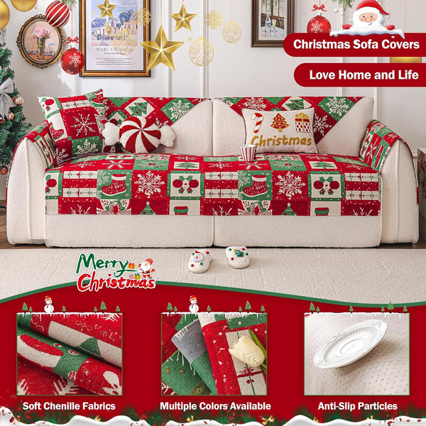 vctops Christmas Couch Cover, Christmas Decorations Soft Chenille Checkered Sofa Cover Washable Non-Slip Sectional Couch Cover for Dogs, Children, Pets Furniture Protector (Red,28"x28")
