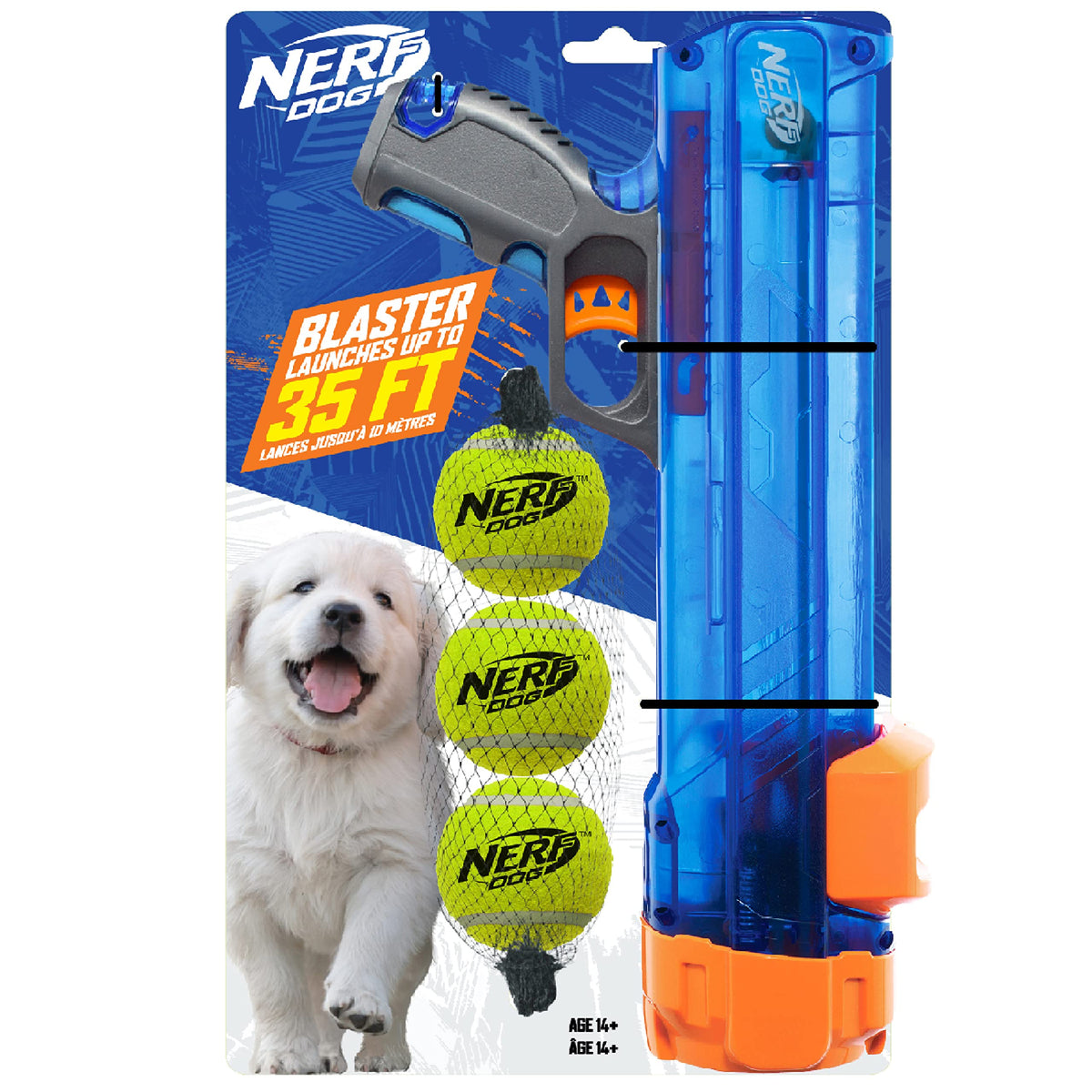 Nerf Dog Tennis Ball Blaster Dog Toy Blue/Orange, 16 Inch Compact Blaster with 1 Ball