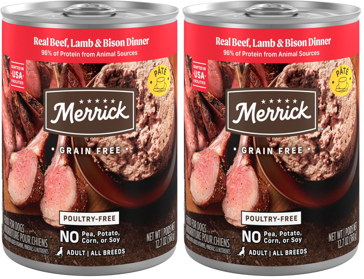 Merrick Grain Free Premium And Natural Canned Dog Food, Soft And Healthy Poultry Free Wet Recipe, Real Beef Lamb And Bison - (Pack of 12) 12.7 oz. Cans